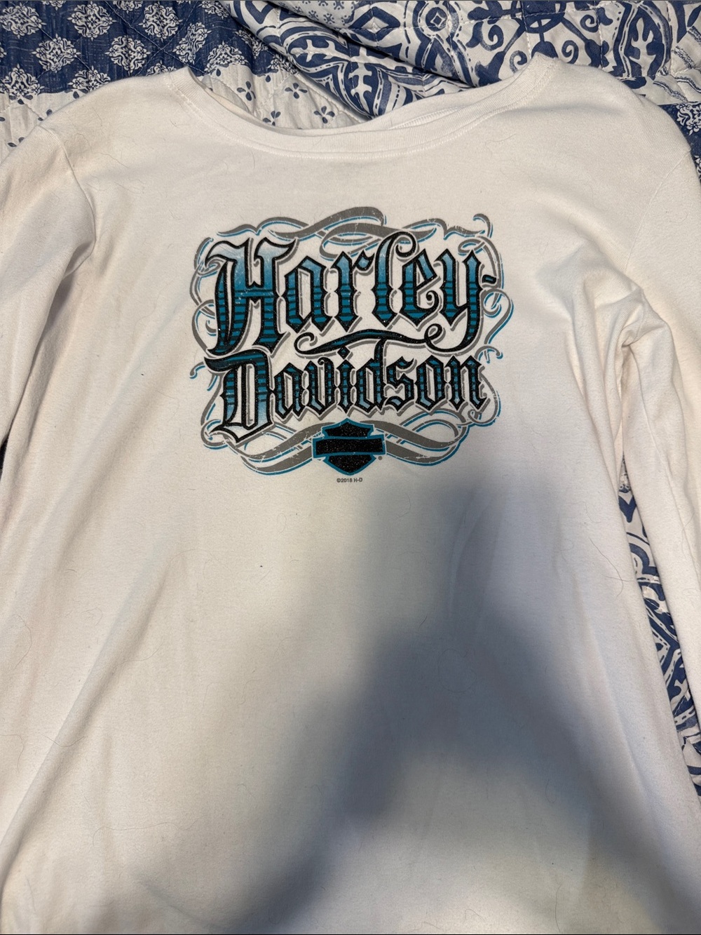 Harley-Davidson White Ling Sleeve with Teal and Black Logo